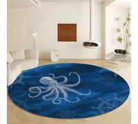 Generico Tappeto Rotondo Tema Nautico Timone Animale Polpo, Moquette Lavabile in Lavatrice Antiscivolo Blu - Morbido Non Perde Pelo Ø 100 cm per Soggiorno e Camera da Letto