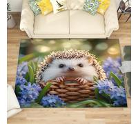Generico Tappeto Salotto di Flanella Stampato In 3D, Simpatico Animale Riccio Tappeti Morbido Soggiorno Camera per Bambini, Decorazione Piccolo Fiori Viola Tappeto per Giochi Antiscivolo, 60x90 cm