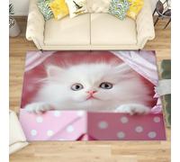 Generico Tappeto Salotto di Flanella Stampato In 3D, Simpatico Gatto Bianco Tappeti Morbido Soggiorno Camera per Bambini, Decorazione Piccolo Rosa Tappeto per Giochi Antiscivolo, 60x90 cm