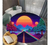 Generico Tappeto Salotto Rotondo Futurismo Retrò Montagne Al Neon Strada 150 cm Tappeti Del Soggiorno Rotondo, Viola Tappeto Lavabile Dell'Interno Morbido - Per La Camera Da Letto La Cucina