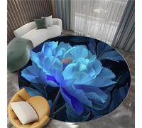 Generico Tappeto Salotto Rotondo Pianta Peonia Blu 150 cm Tappeti Moderno Del Soggiorno Rotondo, Nero Tappeto Lavabile Dell'Interno Morbido - Per La Camera Da Letto La Cucina Il Tavolo Della Sala