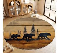 Generico Tappeto Salotto Rotondo Stile Country Muro Di Legno Orso Nero Pini 160 cm Tappeti Soggiorno Rotondo, Marrone Tappeto Lavabile Dell'Interno Morbido - Per La Camera Da Letto La Cucina