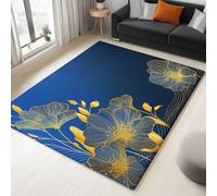 Generico Tappeto Soggiorno Disegno Al Tratto Fiori Dorati 90 x 150 cm Tappeti Antiscivolo Morbido, Blu Tappeti Flanella Lavabile, per Camera Letto, Sala Pranzo, Camera Bambini