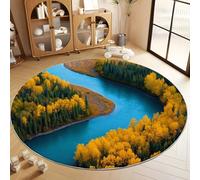 Generico Tappeto Soggiorno Rotondo Fotografia Foresta Autunnale Fiume 60 cm Tappeti Antiscivolo Rotondo Morbido, Giallo Tappeti Flanella Lavabile - per Camera Letto Sala Pranzo Camera Bambini