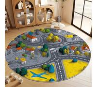 Generico Tappeto Soggiorno Rotondo Mappa Della Città E Icone Cartone Animato 80 cm Tappeti Antiscivolo Rotondo Morbido, Grigio Tappeti Flanella Lavabile - per Camera Letto Sala Pranzo Camera Bambini