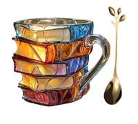 Generico Tazza originale con pila di libri per lettori - Tazza da caffè in vetro con design vintage a forma di libro dipinta a mano | Regalo per bibliotecari e autori