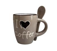 generico TAZZINA CAFFE’, IN CERAMICA CON CUCCHIAINO INTEGRATO, CON SCRITTA “I LOVE COFFEE”, ALTEZZA 6.5CM, CAPIENZA 65 ML. (Bianco_tortora)