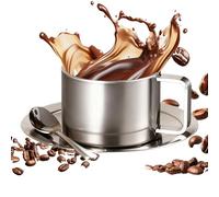 Generico Tazzine Da Caffè In Metallo | Set In Acciaio Inossidabile A Doppia Parete Da 200 Ml Con Cucchiaio E Piattino | Da Tè Termicamente Isolata | Per Campeggio All'aperto, Picnic, Casa, Uffic