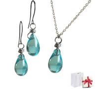 Generico Teardrop Glass Jar Earrings Necklace, Recycled Vintage Teal Earring Pendant, Handmade Drop Beach Jewelry Set Inspirational Gifts for Women