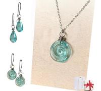 Generico Teardrop Glass Jar Earrings Necklace, Recycled Vintage Teal Earring Pendant, Handmade Drop Beach Jewelry Set Inspirational Gifts for Women