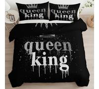 Generico Tema Di Coppia Copripiumino 200 x 200 cm Morbida Microfibra Parure Copripiumino, Corona Regina Re Stampa Nero di Biancheria da Letto per Giovani e Adulti con due Federe