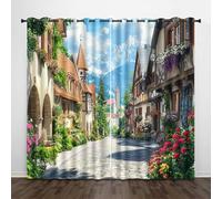Generico Tenda per Finestra Paesaggio Protezione UV Isolamento Termico Ombreggiatura Sipario Europa Fiaba Piccola Città Con Occhiello Tende per Adulti Adolescente Bambini 2 Pannelli 182L x 213A CM