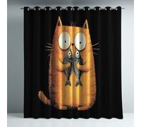 Generico Tende oscuranti gatto e pesciolino 280 x 300 cm, cartone animato Tende isolanti per camere da letto e soggiorni, tende isolanti a 2 pannelli con perforazioni, opache e insonorizzate, nero