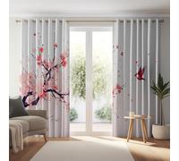 Generico Tende oscuranti lunghe, 2 pannelli Pittura A Inchiostro Cinese Fiori Uccelli in poliestere perforato per camera da letto e soggiorno - isolamento termico 140 L x 260 A cm (2Pannelli) Bianco