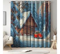 Generico Tende Oscuranti Termiche per Interni e Finestre, Microfibra Isolante con Anelli, L 140 x A 300 cm, 2 Pezzi, Blu e bianco Illustrazione Chalet In Legno Neve, per Camera da Letto e Soggiorno