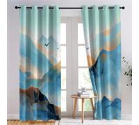 Generico Tende Verde Chiaro per interni, 70 L x 160 A cm Set di 2 Pezzi di Tende Morbide in Poliestere con Occhielli - Oscuranti Termiche con Motivo Elegante Cinese Montagne Dorate