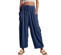 Generico Thehappywind Women’s Linen Wide Leg Pants with Pockets, High Waisted Summer Palazzo Harem Trousers (Dark Blue,3XL)
