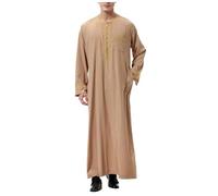 Generico Thobe Uomo Musulmano Abito Arabo Kaftano Tunica Lunga Manica Lunga con Ricami Eleganti Colletto alla Coreana e Tasche Abbigliamento da Preghiera Islamico S-3XL (Khaki, M)