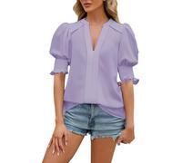 Generico Top a Maniche a Palla Casual per Donna - Colletto a V Blouse, Elegante con Volant e Pieghe, Business Work Chiffon Blouse, Camicia Estate(1A-Rose Gold, L)
