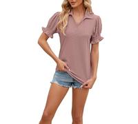 Generico Top a Maniche a Palla Casual per Donna - Colletto a V Blouse, Elegante con Volant e Pieghe, Business Work Chiffon Blouse, Camicia Estate(1B-Rose Gold, S)