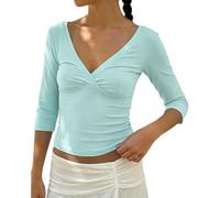 Generico Top Avvolgente Stropicciato da Donna A Scollo V Profondo Maniche Tre Quarti Tinta Unita Pullover Minimalista Stile Y2K per Le Uscite Moderne(Light Green, XS)