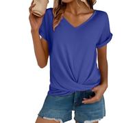 Generico Top Casual Comodo per Donna Estate - T-Shirt a Maniche Corte Colletto a V, con Nodo Torsione, Blouse Basic Tee, Casual e Semplice(BU2, XXL)