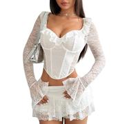 Generico Top Corsetto Floreale Da Donna, Body Push-Up In Pizzo con Maniche Lunghe, Bustino In Rete, Canotta Da Sera, Abbigliamento Da Club, Bianco, Taglia S