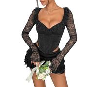 Generico Top Corsetto Floreale Da Donna, Body Push-Up In Pizzo con Maniche Lunghe, Bustino In Rete, Canotta Da Sera, Abbigliamento Da Club, Nero, Taglia S
