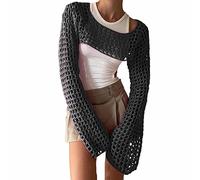 Generico Top corto da donna in rete all'uncinetto trasparente manica lunga scava fuori maglioni a maglia corta ad asciugatura rapida leggero estivo casual bikini da spiaggia copricostume