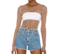 Generico Top Corto da Donna in Rete Trasparente con Strass Perlati Camicia Camicetta Corta Aderente Sexy A Maniche Lunghe con Maniche Lunghe Clubwear Abito da Spiaggia Estivo