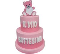 Generico Torta Scenografica IL MIO BATTESIMO, Topper Orsacchiotto, PERSONALIZZA in Azzurro e Bianco per Bimbo, in Rosa e Bianco per Bimba, Decorazione Buffet Artigianale h. 46cm circa Diam Max 35cm.