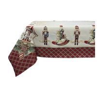 Generico Tovaglia, Copritavolo natalizio in Gobelin, Motivo Schiaccianoci, Soldatino, Giostrina, Cavallo a Dondolo, Scozzese, Lurex, dimensione 140x140cm, 140x180cm (140x180cm)