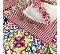 Generico Tovaglia maioliche siciliane con 6 tovaglioli vichy rossi cotone rettangolare cm. 120x200 fatta a mano in Italia
