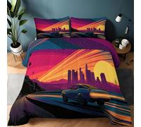 Generico Trapunta città paesaggio tramonto auto con Stampa a Pattern, Trapunta con Cerniera per Ragazze - Piumone Ragazzi e Adolescenti vintage Copertura del Piumone 135 x 200 cm