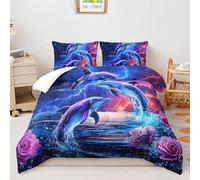 Generico Trapunta Matrimoniale, Delfini Marini Trapunta Matrimoniale Mezza Stagione, Fiori con Fulmini Rossi e Blu Piumino Reversibile Caldo e Traspirante con 2 Federa, 200x200 cm sm370