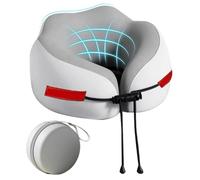 Generico Travel Neck Pillow, Ergonomic Support Cushion, Compact Storage Box Included, Soft Sleeping Aid for Airplanes, Long Flights, Trains, Cars, Road Trips, Home, Gray and Blue Colored