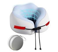 Generico Travel Neck Pillow, Ergonomic Support Cushion, Compact Storage Box Included, Soft Sleeping Aid for Airplanes, Long Flights, Trains, Cars, Road Trips, Home, Gray and Blue Colored