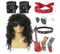Generico Travestimento Punk Rocker, Stile Hippie Anni '70, Set Completo Parrucca Punk Uomo Per Feste Halloween Festival Musicali Eventi