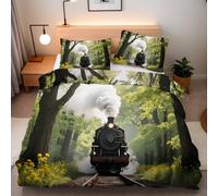 Generico Treno A Vapore Rotaie Set Copripiumino Singolo 135x200 CM Foresta Retrò 3D Chiusura a Cerniera 1 copripiuminio 135x200cm+2 Feder 50x75cm Microfibra Morbida Traspirante Ipoallergenica