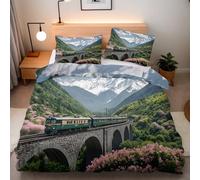 Generico Treno Montagne Copripiumino 3 pezzi Matrimoniale Fiori Paesaggi 3D Chiusura a Cerniera 1 copripiuminio 200x200cm+2 Feder 50x75cm Microfibra Morbida Traspirante Ipoallergenica
