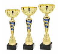 Generico Tris Coppe Trofei Sportivi - Set 3 Coppe in ABS Dorato/Blu | Altezza 27 /29/32cm, Base Nera - Premi Evento, Torneo, Squadra