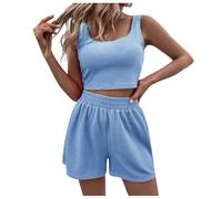 Generico Tuta Completo Donna Corto Tinta Unita 2 Pezzi Canottiere Senza Maniche e Pantaloncini Vita Alta S-XL