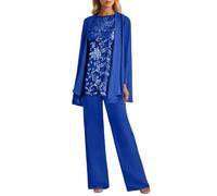 Generico Tuta da donna a 3 pezzi, per il tempo libero, elegante, in pizzo, cardigan a maniche lunghe e pantaloni, in chiffon, per la madre della sposa, per matrimonio, cocktail, elegante abito da