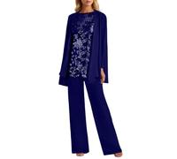 Generico Tuta da donna a 3 pezzi, per il tempo libero, elegante, in pizzo, cardigan a maniche lunghe e pantaloni, in chiffon, per la madre della sposa, per matrimonio, cocktail, elegante abito da
