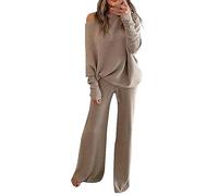 Generico Tuta di Lana da Donna Eleganti Completi Due Pezzi Maglia Larghi Complete Top a Maniche Lunghe Pantaloni a Gamba Larga in Vita Completo Jogging Invernale Set in Maglia Polsino Elastico