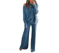 Generico Tuta di Lana da Donna Eleganti Completi Due Pezzi Maglia Larghi Complete Top a Maniche Lunghe Pantaloni a Gamba Larga in Vita Completo Jogging Invernale Set in Maglia Polsino Elastico