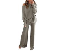 Generico Tuta di Lana da Donna Eleganti Completi Due Pezzi Maglia Larghi Complete Top a Maniche Lunghe Pantaloni a Gamba Larga in Vita Completo Jogging Invernale Set in Maglia Polsino Elastico