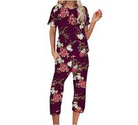 Generico Tuta Donna Cotone Elegante Completo Casual Set Estiva Taglie Forti Gamba Larga Comodi Stampa Vita Alta Larghi Manica Corta Camicia e Pantaloni Due Pezzi Completi Eleganti Comoda Sportivo