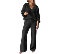 Generico Tuta Donna Elegante in Maglia Completo in 2 Pezzi di Lana Curvy Tute Pullover a Maniche Lunghe Pantaloni in Vita a Gamba Larga Complete da Casa a Metà Autunno Sportswear Lana Comodo