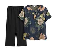 Generico Tuta Elegante Donna Stampa Offerta Completa Anziani Saldi Leggera Pantalone E Top Due Pezzi Tuta Cotone Maniche Corte Curvy Completo Sportiva Larghi Taglie Forti Set 2 Pezzi Comodi Larghi